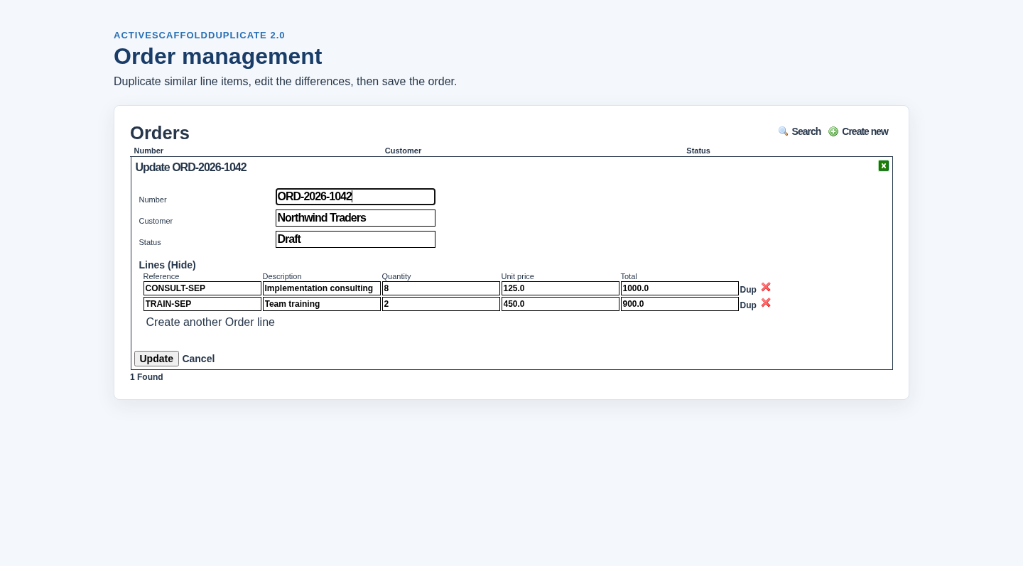 An order form with a Dup link on each subform row